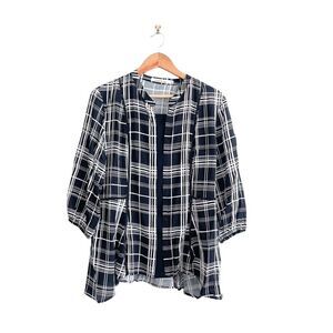 Solitaire Blouse Black White Plaid Button Up Long Sleeve Elastic Cuff Women's M